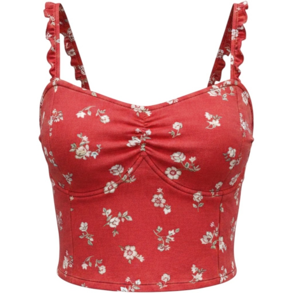 Cottagecore Red Floral Coquette Smocked Back Y2K Ruffle Strap Crop Top Large‎